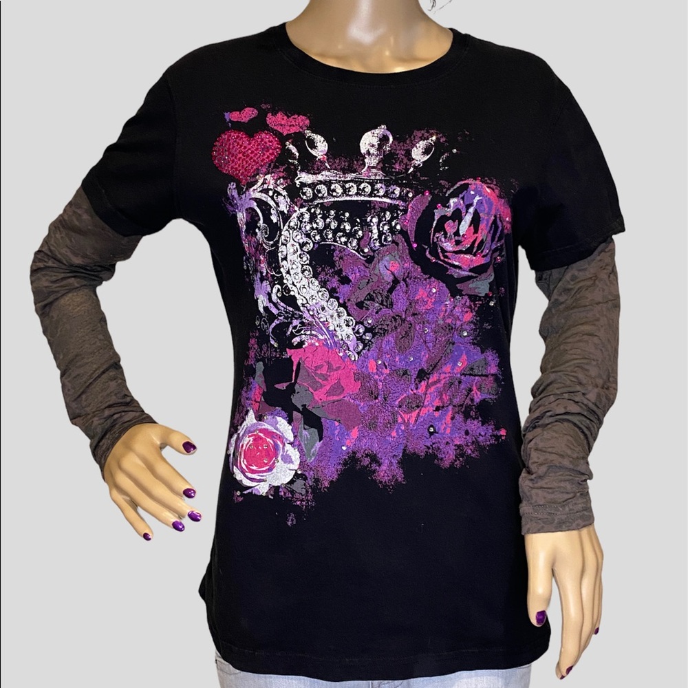 Rock & Roll Cowgirl Embellished Burnout Sleeves Tee Shirt T-Shirt Size Large VGC